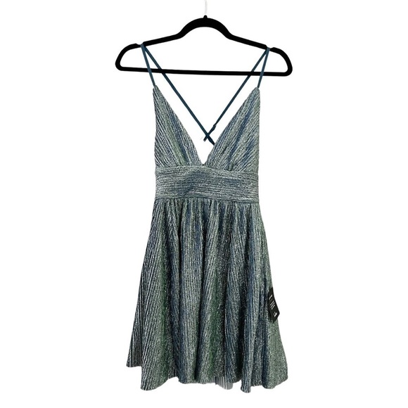 NWT LULUS Stop the Show Blue Glitter Skater Mini Criss Cross Evening Dress Sz XS - Picture 2 of 9